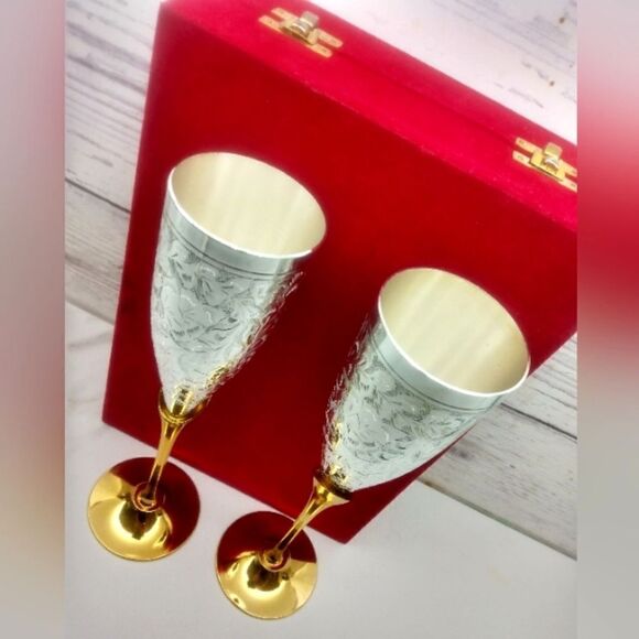 Vintage Champagne Flutes Glasses Brass Silver Plate  From Calcutta India - Picture 13 of 16